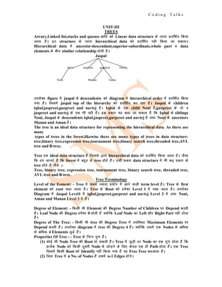 C o d i n g T a l k s
UNIT-III
TREES
Arrary,Linked list,stacks and queues vkfn dks Linear data structure ds Onkjk iznf'kZr fd;k
tkrk gSA bu structure ds Onkjk hierarchical data dks iznf'kZr ugh fd;k tk ldrkA
Hierarchical data esa ancestor-descendant,superior-subordinate,whole part o data
elements ds chp similar relationship gksrh gSA
Jaspal
mijksDr figure esa jaspal ds descendents dks diagram es hierarchical order esa iznf'kZr fd;k
x;k gSA ftlesa jaspal top of the hierarchy dks iznf'kZr dj jgk gSA Jaspal ds children
iqbal,jaspreet,gurpreet and navtej gSA Iqbal ds ,d child Noni gS,gurpreet ds nks o
jaspreet and navtej ds ,d Hkh ugh gSA bl izdkj ;g dgk tk ldrk gS fd Iqbal ds siblings
Noni, Jaspal ds descendents iqbal,jaspreet,gurpreet and navtej gS rFkk Noni ds ancestors
Manan and Aman gSA
The tree is an ideal data structure for representing the hierarchical data. As there are
many
types of trees in the forest,likewise there are many types of trees in data structure-
tree,binary tree,expression tree,tournament tree,binary search tree,threaded tree,AVL
tree and B-tree.
Tree ,d ideal data structure gS ftlds }kjk hierarchical data dks iznf'kZr fd;k tkrk gSA tSlk
fd ge tkurs gSa fd forest esa cgqr ls tree gksrs gSaA mlh izdkj data structure esa Hkh db izdkj ds
tree gksrs gSa tSls :-
Tree, binary tree, expression tree, tournament tree, binary search tree, threaded tree,
AVL tree and B-tree.
Tree Terminology
Level of the Eement: - Tree esa lcls T;knk iz;ksx esa vkus okyh term level gSA Tree ds first
element dks root dgk tkrk gSA Tree ds Root dks ges'kk Level 1 esa j[kk tkrk gSA mijksDr
Diagram esa Jaspal Level1 esa iqbal,jaspreet,gurpreet and navtej Level 2 esa rFkk Noni,
Aman and Manan Level 3 esa gSaA
Degree of Element: - fdlh Hkh Element dh Degree Number of Children ij Depend djrh
gSaA Leaf Node dh Degree ges'kk 0 gksrh gSa D;ksafd Leaf Node dk Left vkSj Right Part ugha gksrk
gSaA
Degree of The Tree: - fdlh Hkh tree dh Degree Tree esa mifLFkr Maximum Elements ij
Depend djrh gSaA mijksDr diagram esa tree dh Degree 4 gSaA D;ksafd mlesa ,d Nodes ls vf/kd
ls vf/kd 4 Elements tqM+s gSaA
Properties Of Tree : - Tree ds fuEu xq.k gSaA
(1) dksbZ Hkh Node Tree dh Root gks ldrh gSaA Tree esa tqM+h gj Node dk ,d xq.k gksrk gSa fd
izR;sd Node dks fdlh nwljh Node ls tksM+us ds fy, dsoy ,d gh Path gksrk gSaA ,d Tree
ftlesa fdlh Root dks Identify ugha fd;k x;k gSa og Free Tree dgykrk gSaA
(2) ftl Tree esa n No. of Nodes gSa mlesa n-1 Edges gksaxsA
Iqbal Jaspreet gurpreet Navtej
Manan Aman
Noni
 