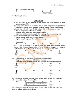 C o d i n g T a l k s
13,15 ls NksVk gSAvr% no change
2 6 11 13 15
Now the Array is sorted.
QUICK SORT
(1) fn, x, Array dh left boundary ij left pointer rFkk right boundary ij right
pointer assign djsaxsaA
(2) Array ds 1st element dks pivot ekusaxsa vkSj bls bldh lgh position ij igqWpk,saxsaA vr%
Pivot ds left esa Pivot ls NksVs Element vkSj Pivot ds right esa Pivot ls cMssa element
(3) blds fy, lcls igys Pivot vkSj left pointer nksuks ,d gh element dks iksabV djsaxs vc
left dk comparision right pointer ls djsaxs
If ( pivot or left is less than right then no change)
if (pivot or left is greater than right then exchange the element with pivot)
(4) ;fn Pivot Right esa igqWap x;k gS rks left dks increase djsaxsa
if pivot or right is less then left then exchange
if pivot or right is greater then left then no change
for example :-
25 10 30 15 20 28
(1) fn, x;sa array esa 25 dks left vkSj pivot nksuksa point djsaxsa rFkk right pointer
array ds last element dks point djsaxk vc pivot dks right lsa compare djsaxs ;fn pivot
right ls NksVk gS rks no change ughs rks element dks exchange dj fn;k tk;sxk
25 10 30 15 20 28
(2) right pointer dks vkxs c<k;saxs vkSj mls pivot ls compare djsaxs
If ( pivot or left is less than right then no change)
if (pivot or left is greater than right then exchange the element with pivot)
25 10 30 15 20 28
20 10 30 15 25 28
(3) D;ksafd pivot right side esa vk pqdk gS vr% pivot ds left esa pivot lsa NksVh values vkuh
pkfg, vr% vc left pointer dks vkxs c<k;sasxs A
20 10 30 15 25 28
(4) D;ksafd pivot right side esa vk pqdk gS vr% pivot ds left esa pivot lsa NksVh values vkuh
pkfg, vr% vc left pointer dks vkxs c<k;sasxs A
a[3]<a[4]=no change
Pivot
left
right
Pivot or left < right = no change
Pivot
left
Pivot or right > left = Nochange
right
left Pivot
right
left
Pivot
right
 