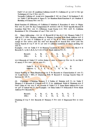 C o d i n g T a l k s
Full gSa rks bl izdkj dh condition Collision dgykrh gSaA Collision dks nwj djus ds fy, dqN
Techniques dks Use esa fy;k tkrk gSaA
Normally Collision dks Avoid djuk Impossible gS tSls ,d Class esa 24 Studnets gSa vkSj
,d Table esa 365 Records dk Space gSaA ,d Random Hash Function ds }kjk Student ds
Birthday dks Choose fd;k tkrk gSaA
Hash Function dh Efficiency dks Collision ds Solution ds Procedure ds vk/kkj ij Major
fd;k tkrk gSaA blds fy, Key Comparision dh vko';drk gksrh gSaA ftlls Specific Record dh
Location Find fd;k tkrk gSaA Efficiency Load Factor λ
λ
λ ij fuHkZj djrh gSaA Collision
Resolution ds fy, 2 Procedure dks use esa fy;k tkrk gSaA
(1) Open Addressing: - ekuk ,d u;s Record R dks Key K ds lkFk Memory Table T esa
Add djuk gS ysfdu Memory Address ;k Memory Location With Hash Address igys ls
Hkjh gqbZ gSaA bl izdkj ds Collision dks nwj djus ds fy, R dks First Available Location esa
Assign dj fn;k tk;sxkA blds fy, lcls igys Record R dks Search fd;k tk;sxk blds fy,
Linear Search dks Use esa ysrs gSaA bl izdkj ds collision resolution dks linear probing dgk
tkrk gSaA
Example: - ekuk ,d Table T esa 11 Memory Locations gSaA T[1].... T[11] rFkk File F esa 8
Records gSaA A, B, C, D, E, X, Y rFkk Z ftlds Hash Address fuEu gSaA
Record : A, B, C, D, E, X, Y, Z
H(k) : 4, 8, 2, 11, 4, 11, 5, 1
ekuk 8 Records dks Table T esa mijksDr Order ds vk/kkj ij Enter dj fn;k x;k gSaA vc File F
dks meory esa fuEu izdkj ns[kk tk ldrk gSaA
Table T: X, C, Z, A, E, Y, __, B, _, _, D
Address: 1, 2, 3, 4, 5, 6, 7, 8, 9, 10, 11
Linear Probing dk Main Disadvantage ;g gSa fd Records dk Clusterization gks tkrk gSaA
tc Load Factor > 50% gks Clustering fdlh Hkh Record ds Average Search Time dks
Increase dj nsrh gSaA
(2) Chaining: - Chaining Memory esa 2 Tables dks Maitain djrh gSaA ,d Table T
Memory esa F Records dks Contain djrh gSaA T ,d Additional Field dks Maintain djrk gSa
ftlesa Links dks j[kk tkrk gSa lHkh records tks Table T esa gSa Same Hash Address H ds }kjk
,d nwljs ls Linked jgrs gSaA For Example: - ,d Data Table T esa 8 Records gS ftudk Hash
Address fuEu Records gSaA
Record : A, B, C, D, E, X, Y, Z
H(k) : 4, 8, 2, 11, 4, 11, 5, 1
Chaining dks Use esa ysdj Records dks Memory esa fuEu izdkj ls Represent fd;k tk ldrk
gSaA
8
3
0
5
7
0
0
2
0
0
6
1
2
3
4
5
6
7
8
9
10
11
A 0
B 0
C 0
D 0
E 1
X 4
1
2
3
4
5
6
7
8
9
10
11
 
