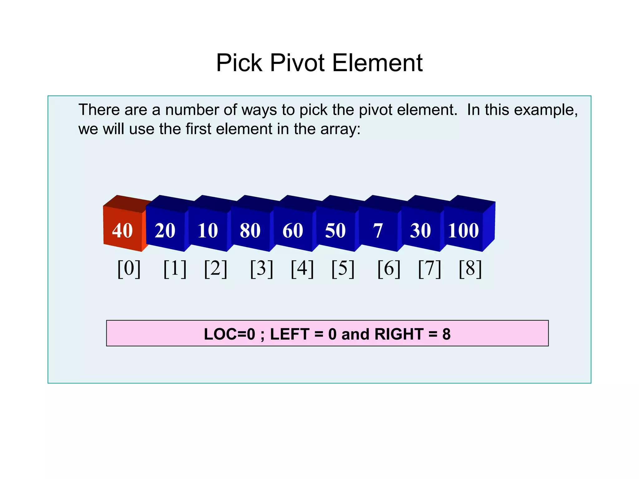 Pick Pivot Element
There are a number of ways to pick the pivot element. In this example,
we will use the first element in the array:




    40    20    10    80    60    50     7    30 100
     [0] [1] [2] [3] [4] [5] [6] [7] [8]


                 LOC=0 ; LEFT = 0 and RIGHT = 8
 
