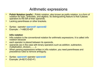 Arithmetic expressions
•   Polish Notation (prefix) : Polish notation, also known as prefix notation, is a form of
    notation for logic, arithmetic, and algebra. Its distinguishing feature is that it places
    operators to the left of their operands.
•   Lacking parentheses or other brackets.

•   Syntax : operator operand1 operand2
•   Example : -*+ABC/D+EF

    Infix notation
•   Infix notation is the conventional notation for arithmetic expressions. It is called infix
    notation because
•   each operator is placed between its operands,
•   operands (as in the case with binary operators such as addition, subtraction,
    multiplication, division,……).
•   When parsing expressions written in infix notation, you need parentheses and
    precedence rules to remove ambiguity.

•   Syntax: operand1 operator operand2
•   Example: (A+B)*C-D/(E+F)
 