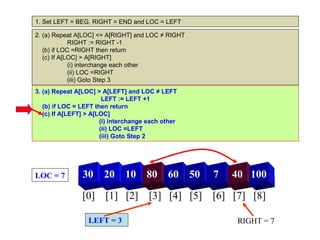 1. Set LEFT = BEG, RIGHT = END and LOC = LEFT

2. (a) Repeat A[LOC] <= A[RIGHT] and LOC ≠ RIGHT
             RIGHT := RIGHT -1
   (b) if LOC =RIGHT then return
   (c) If A[LOC] > A[RIGHT]
             (i) interchange each other
             (ii) LOC =RIGHT
             (iii) Goto Step 3
3. (a) Repeat A[LOC] > A[LEFT] and LOC ≠ LEFT
                        LEFT := LEFT +1
   (b) if LOC = LEFT then return
   (c) If A[LEFT] > A[LOC]
                       (i) interchange each other
                       (ii) LOC =LEFT
                       (iii) Goto Step 2




LOC = 7         30     20      10     80     60     50   7   40 100

                [0] [1] [2] [3] [4] [5] [6] [7] [8]

                  LEFT = 3                                   RIGHT = 7
 