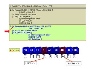 1. Set LEFT = BEG, RIGHT = END and LOC = LEFT

2. (a) Repeat A[LOC] <= A[RIGHT] and LOC ≠ RIGHT
             RIGHT := RIGHT -1
   (b) if LOC =RIGHT then return
   (c) If A[LOC] > A[RIGHT]
             (i) interchange each other
             (ii) LOC =RIGHT
             (iii) Goto Step 3
3. (a) Repeat A[LOC] > A[LEFT] and LOC ≠ LEFT
                        LEFT := LEFT +1
   (b) if LOC = LEFT then return
   (c) If A[LEFT] > A[LOC]
                       (i) interchange each other
                       (ii) LOC =LEFT
                       (iii) Goto Step 2




LOC = 6         30     20      10      7     60     50   40   80 100

                [0] [1] [2] [3] [4] [5] [6] [7] [8]

                  LEFT = 3                                    RIGHT = 6
 