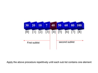 30     20    10    7    40    50    60    80 100

                 [0] [1] [2] [3] [4] [5] [6] [7] [8]


                   First sublist                second sublist




Apply the above procedure repetitively until each sub list contains one element
 