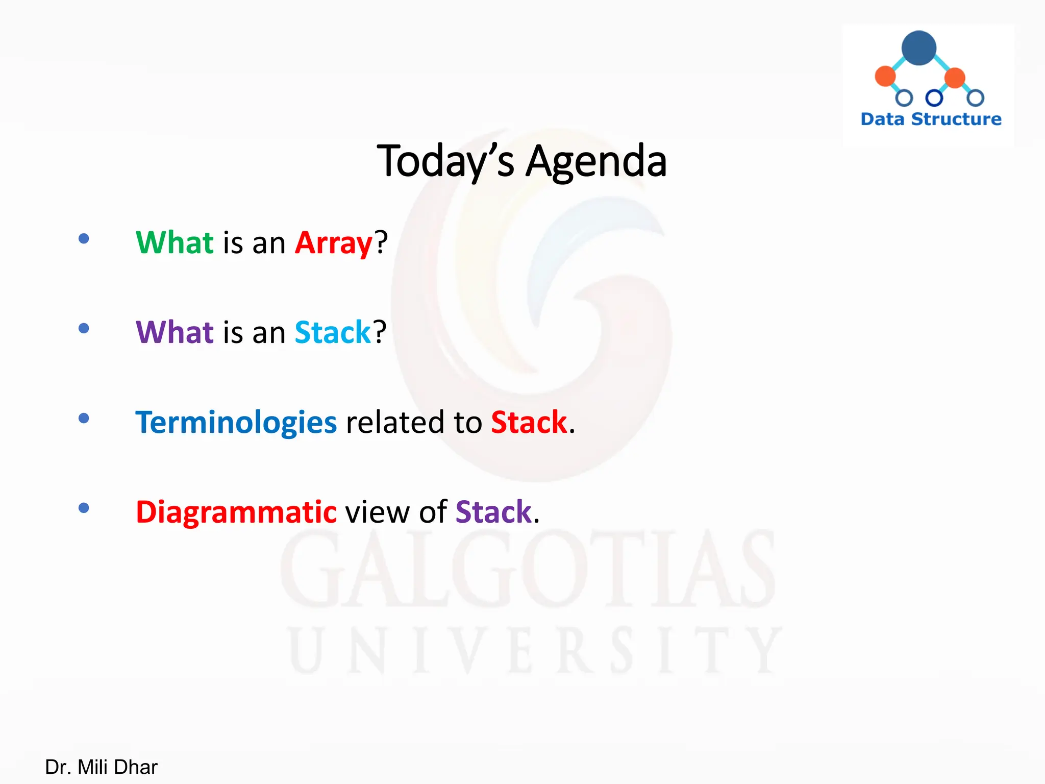 Today’s Agenda
• What is an Array?
• What is an Stack?
• Terminologies related to Stack.
• Diagrammatic view of Stack.
Dr. Mili Dhar
 