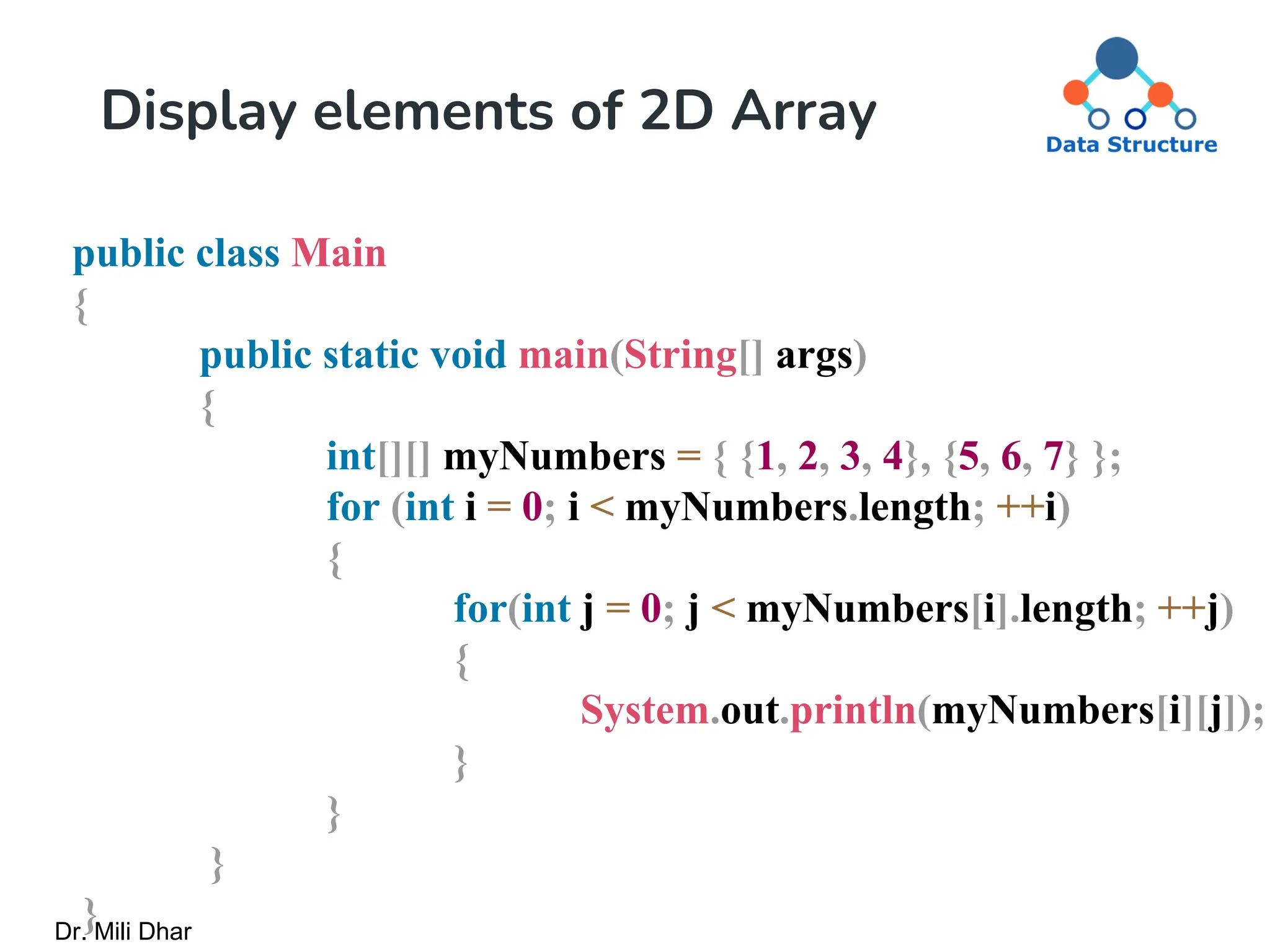Display elements of 2D Array
public class Main
{
public static void main(String[] args)
{
int[][] myNumbers = { {1, 2, 3, 4}, {5, 6, 7} };
for (int i = 0; i < myNumbers.length; ++i)
{
for(int j = 0; j < myNumbers[i].length; ++j)
{
System.out.println(myNumbers[i][j]);
}
}
}
}
Dr. Mili Dhar
 