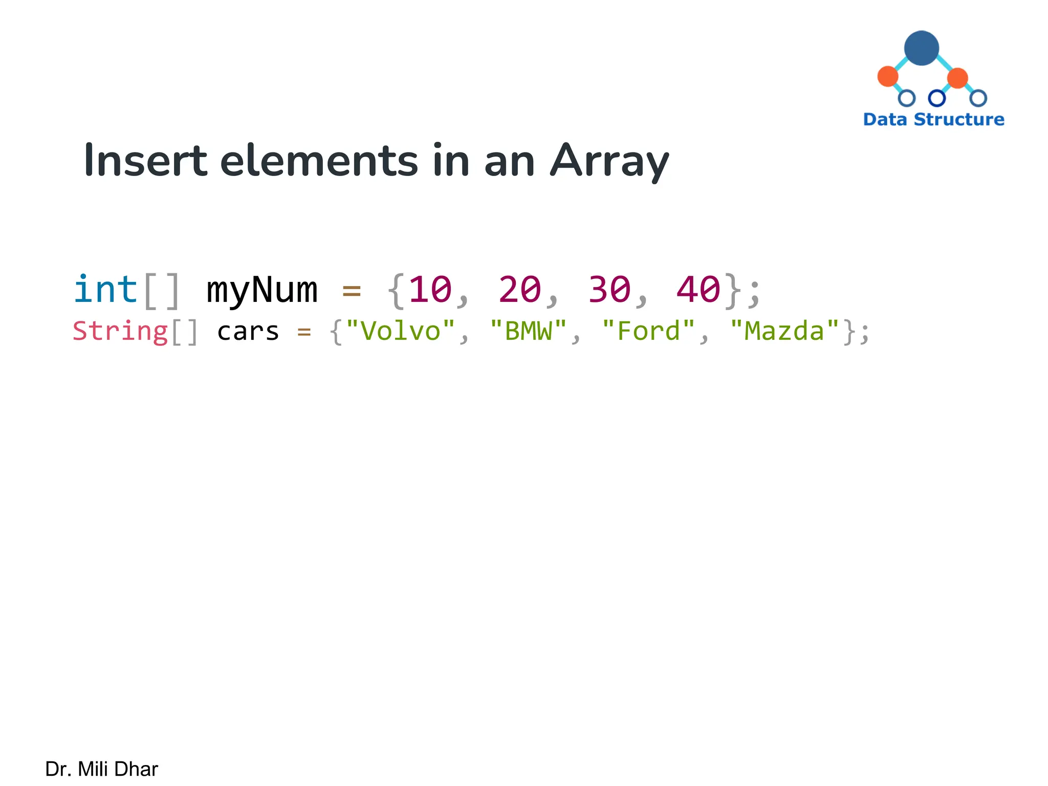Insert elements in an Array
int[] myNum = {10, 20, 30, 40};
String[] cars = {"Volvo", "BMW", "Ford", "Mazda"};
Dr. Mili Dhar
 