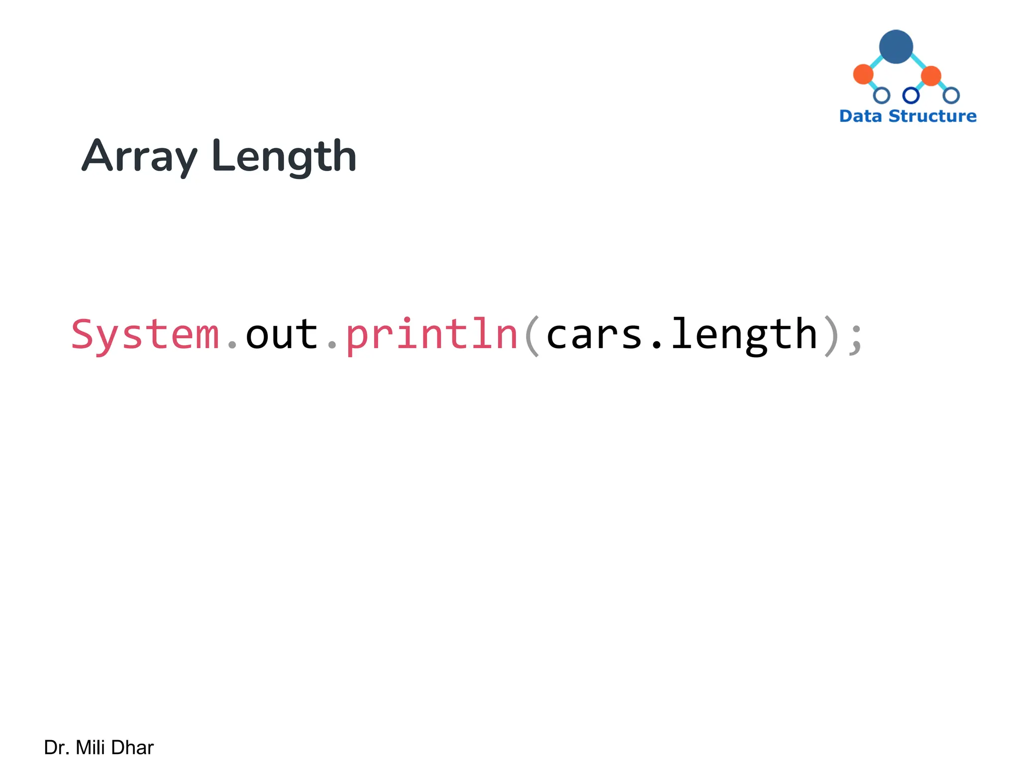 Array Length
System.out.println(cars.length);
Dr. Mili Dhar
 