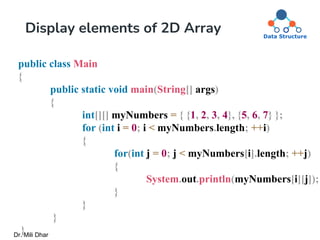 Display elements of 2D Array
public class Main
{
public static void main(String[] args)
{
int[][] myNumbers = { {1, 2, 3, 4}, {5, 6, 7} };
for (int i = 0; i < myNumbers.length; ++i)
{
for(int j = 0; j < myNumbers[i].length; ++j)
{
System.out.println(myNumbers[i][j]);
}
}
}
}
Dr. Mili Dhar
 