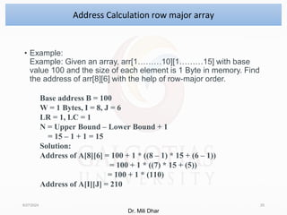 • Example:
Example: Given an array, arr[1………10][1………15] with base
value 100 and the size of each element is 1 Byte in memory. Find
the address of arr[8][6] with the help of row-major order.
8/27/2024 25
Address Calculation row major array
Base address B = 100
W = 1 Bytes, I = 8, J = 6
LR = 1, LC = 1
N = Upper Bound – Lower Bound + 1
= 15 – 1 + 1 = 15
Solution:
Address of A[8][6] = 100 + 1 * ((8 – 1) * 15 + (6 – 1))
= 100 + 1 * ((7) * 15 + (5))
= 100 + 1 * (110)
Address of A[I][J] = 210
Dr. Mili Dhar
 