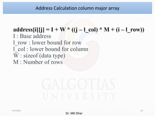 address[i][j] = I + W * ((j – l_col) * M + (i – l_row))
I : Base address
l_row : lower bound for row
l_col : lower bound for column
W : sizeof (data type)
M : Number of rows
8/27/2024 26
Address Calculation column major array
Dr. Mili Dhar
 