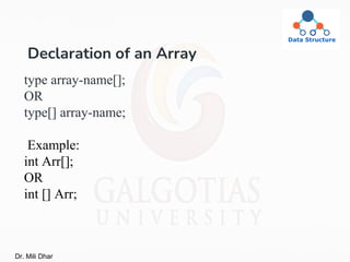 Declaration of an Array
type array-name[];
OR
type[] array-name;
Example:
int Arr[];
OR
int [] Arr;
Dr. Mili Dhar
 