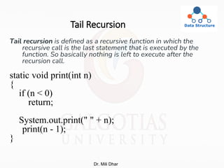 Tail Recursion
Tail recursion is defined as a recursive function in which the
recursive call is the last statement that is executed by the
function. So basically nothing is left to execute after the
recursion call.
static void print(int n)
{
if (n < 0)
return;
System.out.print(" " + n);
print(n - 1);
}
Dr. Mili Dhar
 