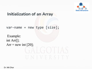 Initialization of an Array
var-name = new type [size];
Example:
int Arr[];
Arr = new int [20];
Dr. Mili Dhar
 