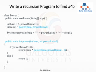 Write a recursion Program to find a^b
class Power {
public static void main(String[] args) {
int base = 3, powerRaised = 4;
int result = power(base, powerRaised);
System.out.println(base + "^" + powerRaised + "=" + result);
}
public static int power(int base, int powerRaised)
{
if (powerRaised != 0) {
return (base * power(base, powerRaised - 1));
}
else {
return 1;
}
}
}
Dr. Mili Dhar
 