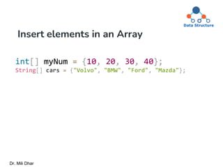 Insert elements in an Array
int[] myNum = {10, 20, 30, 40};
String[] cars = {"Volvo", "BMW", "Ford", "Mazda"};
Dr. Mili Dhar
 