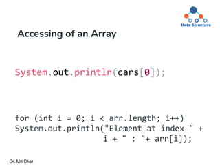Accessing of an Array
for (int i = 0; i < arr.length; i++)
System.out.println("Element at index " +
i + " : "+ arr[i]);
System.out.println(cars[0]);
Dr. Mili Dhar
 