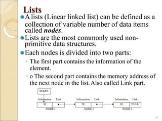 Lists
⚫Alists (Linear linked list) can be defined as a
collection of variable number of data items
called nodes.
⚫Lists are the most commonly used non-
primitive data structures.
⚫Each nodes is divided into two parts:
◦ The first part contains the information of the
element.
◦ o The second part contains the memory address of
the next node in the list.Also called Link part.
61
 