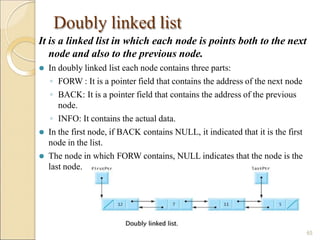 Doubly linked list
It is a linked list in which each node is points both to the next
node and also to the previous node.
⚫ In doubly linked list each node contains three parts:
◦ FORW : It is a pointer field that contains the address of the next node
◦ BACK: It is a pointer field that contains the address of the previous
node.
◦ INFO: It contains the actual data.
⚫ In the first node, if BACK contains NULL, it indicated that it is the first
node in the list.
⚫ The node in which FORW contains, NULL indicates that the node is the
last node.
65
 