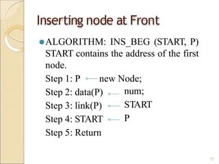 Inserting node at Front
⚫ALGORITHM: INS_BEG (START, P)
START contains the address of the first
node.
Step 1: P new Node;
num;
START
P
Step 2: data(P)
Step 3: link(P)
Step 4: START
Step 5: Return
73
 