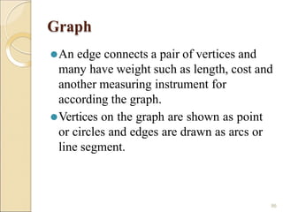 Graph
86
⚫An edge connects a pair of vertices and
many have weight such as length, cost and
another measuring instrument for
according the graph.
⚫Vertices on the graph are shown as point
or circles and edges are drawn as arcs or
line segment.
 