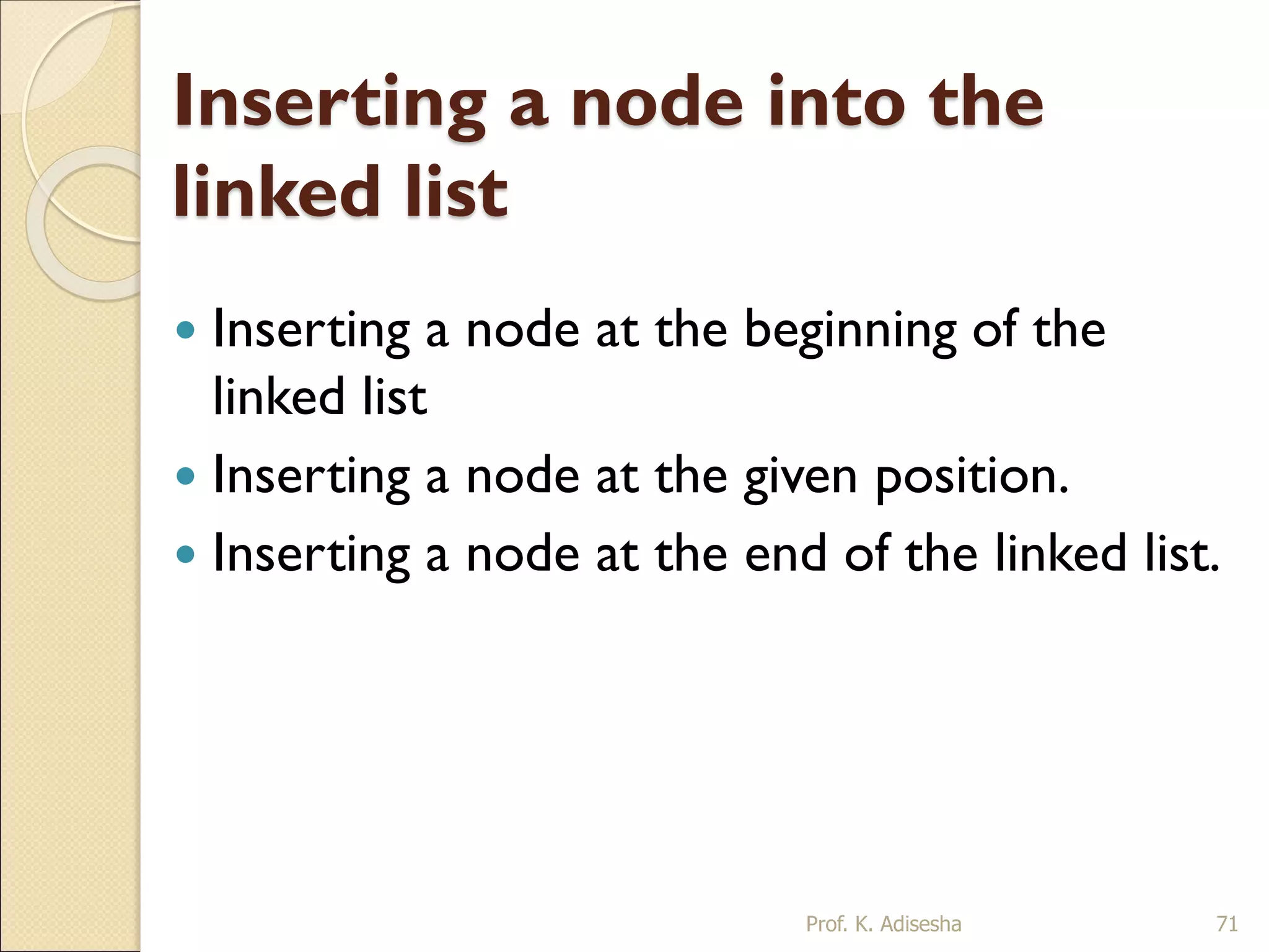 Inserting a node into the
linked list
 Inserting a node at the beginning of the
linked list
 Inserting a node at the given position.
 Inserting a node at the end of the linked list.
Prof. K. Adisesha 71
 