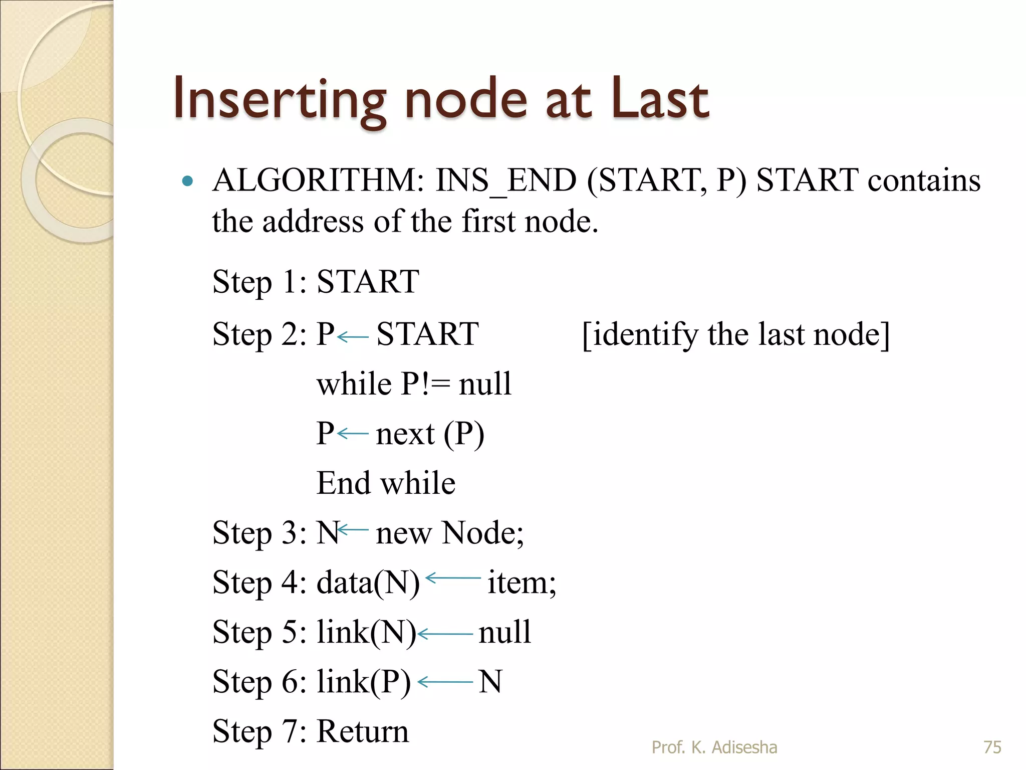 Inserting node at Last
 ALGORITHM: INS_END (START, P) START contains
the address of the first node.
Step 1: START
Step 2: P START [identify the last node]
while P!= null
P next (P)
End while
Step 3: N new Node;
Step 4: data(N) item;
Step 5: link(N) null
Step 6: link(P) N
Step 7: Return Prof. K. Adisesha 75
 