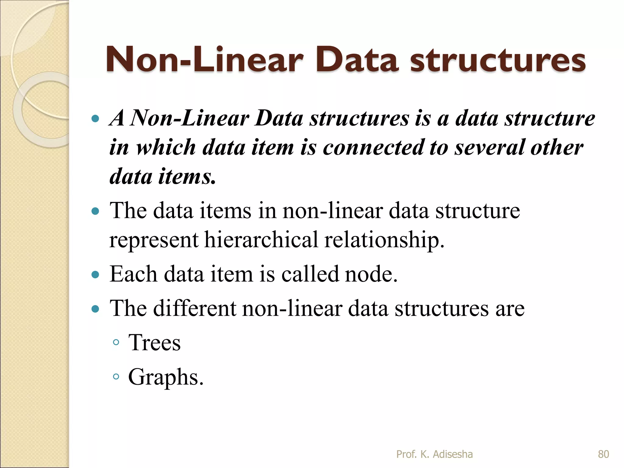 Non-Linear Data structures
 A Non-Linear Data structures is a data structure
in which data item is connected to several other
data items.
 The data items in non-linear data structure
represent hierarchical relationship.
 Each data item is called node.
 The different non-linear data structures are
◦ Trees
◦ Graphs.
Prof. K. Adisesha 80
 