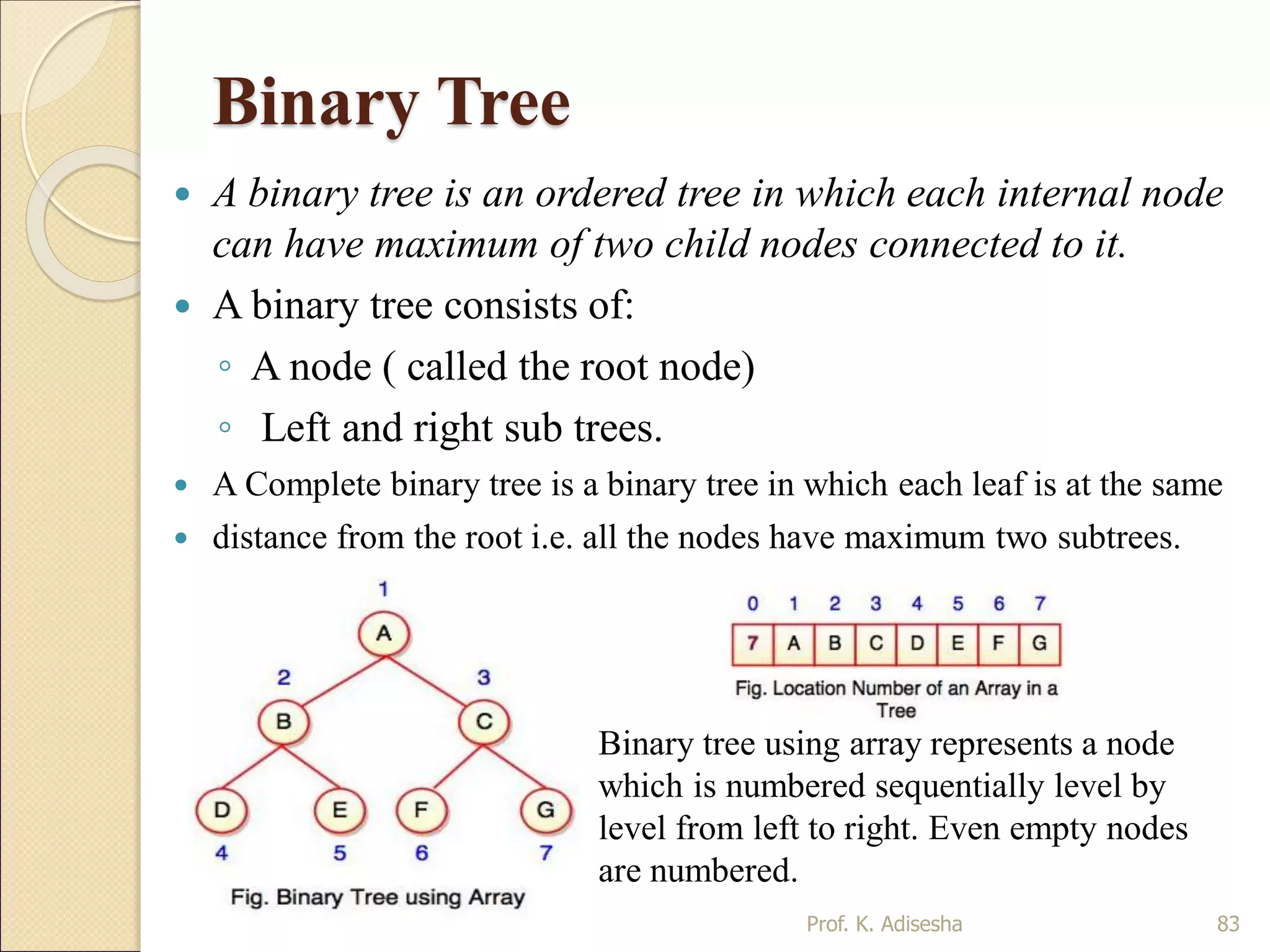 Binary Tree
 A binary tree is an ordered tree in which each internal node
can have maximum of two child nodes connected to it.
 A binary tree consists of:
◦ A node ( called the root node)
◦ Left and right sub trees.
 A Complete binary tree is a binary tree in which each leaf is at the same
 distance from the root i.e. all the nodes have maximum two subtrees.
83Prof. K. Adisesha
Binary tree using array represents a node
which is numbered sequentially level by
level from left to right. Even empty nodes
are numbered.
 