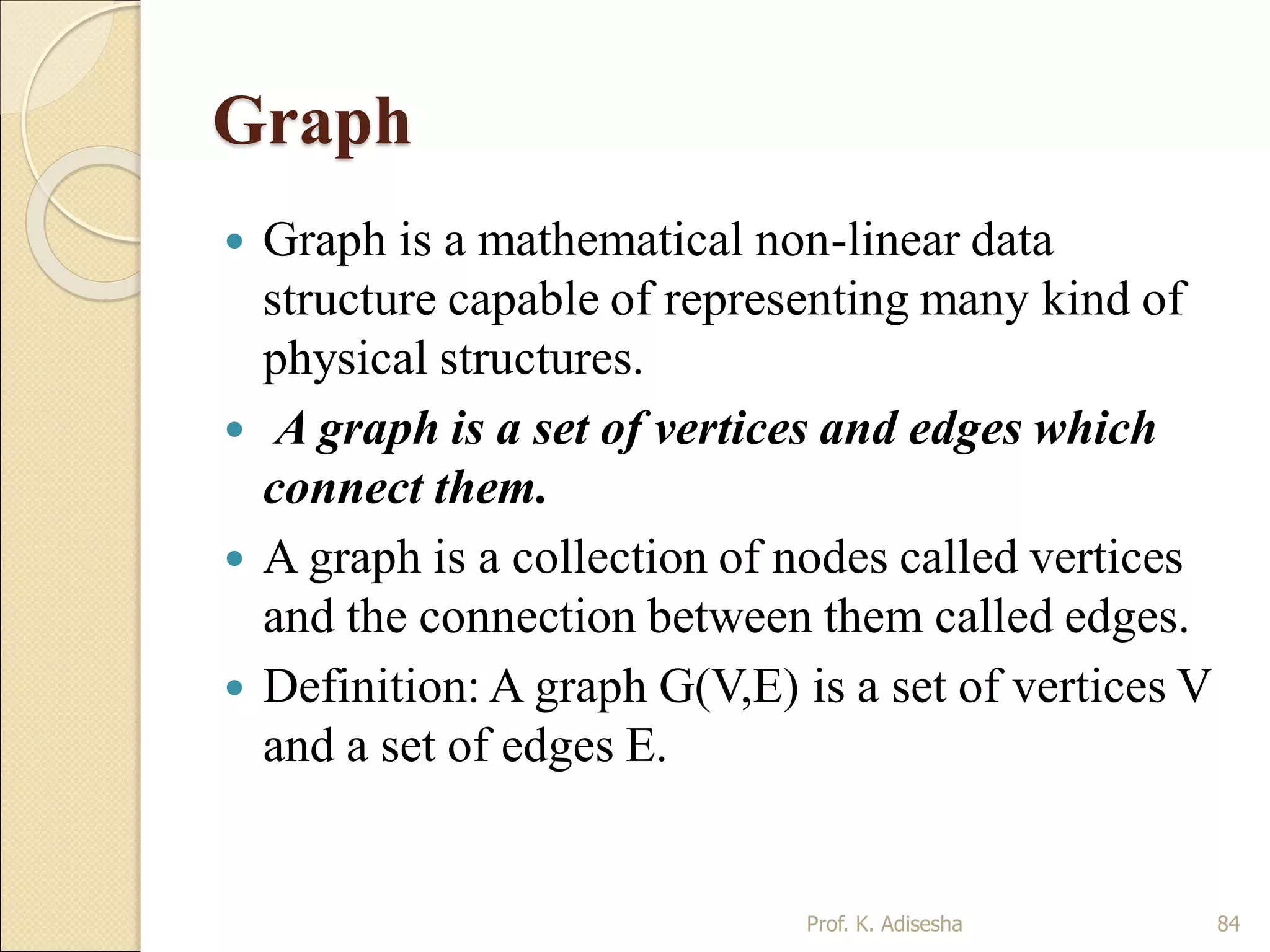 Graph
 Graph is a mathematical non-linear data
structure capable of representing many kind of
physical structures.
 A graph is a set of vertices and edges which
connect them.
 A graph is a collection of nodes called vertices
and the connection between them called edges.
 Definition: A graph G(V,E) is a set of vertices V
and a set of edges E.
84Prof. K. Adisesha
 