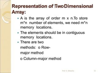 Representation of TwoDimensional
Array:
Prof. K. Adisesha 32
 A is the array of order m x n.To store
m*n number of elements, we need m*n
memory locations.
 The elements should be in contiguous
memory locations.
 There are two
methods: o Row-
major method
o Column-major method
 