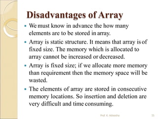 Disadvantages of Array
Prof. K. Adisesha 35
 We must know in advance the how many
elements are to be stored in array.
 Array is static structure. It means that array isof
fixed size. The memory which is allocated to
array cannot be increased or decreased.
 Array is fixed size; if we allocate more memory
than requirement then the memory space will be
wasted.
 The elements of array are stored in consecutive
memory locations. So insertion and deletion are
very difficult and time consuming.
 