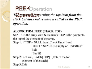 PEEK
Operation
Prof. K. Adisesha 44
The process of returning the top item from the
stack but does not remove it called as the POP
operation.
ALGORITHM: PEEK (STACK, TOP)
STACK is the array with N elements. TOP is the pointer to
the top of the element of the array.
Step 1: if TOP = NULL then [Check Underflow]
PRINT “ STACK is Empty or Underflow”
Exit
[End if]
Step 2: Return (STACK[TOP] [Return the top
element of the stack]
Step 3:Exit
 