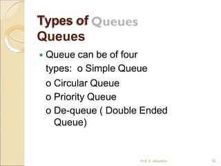 Types of
Queues
Prof. K. Adisesha 50
 Queue can be of four
types: o Simple Queue
o Circular Queue
o Priority Queue
o De-queue ( Double Ended
Queue)
 