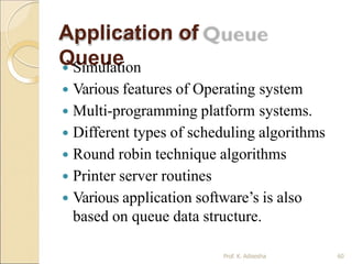 Application of
Queue
Prof. K. Adisesha 60
 Simulation
 Various features of Operating system
 Multi-programming platform systems.
 Different types of scheduling algorithms
 Round robin technique algorithms
 Printer server routines
 Various application software’s is also
based on queue data structure.
 