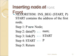 Inserting node at
Front
 ALGORITHM: INS_BEG (START, P)
START contains the address of the first
node.
Step 1: P new Node;
num;
START
P
Step 2: data(P)
Step 3: link(P)
Step 4: START
Step 5: Return
Prof. K. Adisesha 73
 