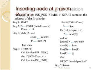 Inserting node at a given
Position
count+1
next (P)
Count 0
Step 3: while P!= null
count
P
End while
Step 4: if (POS=1)
Call function INS_BEG( )
else if (POS=Count +1)
Call function INS_END( )
For(i=1; i<=pos; i++)
P next(P);
end for
new node
item;
link(P)
N
[create] N
data(N)
link(N)
link(P)
else
PRINT “Invalid position”
Step 5: Return
ALGORITHM: INS_POS (START, P) START contains the
address of the first node.
Step 1: START else if (POS<=Count)
Step 2: P START [Initialize node] P Start
Prof. K. Adisesha 76
 