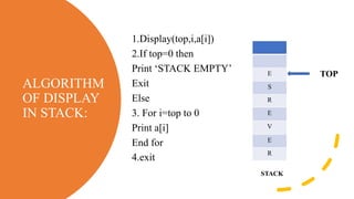 ALGORITHM
OF DISPLAY
IN STACK:
1.Display(top,i,a[i])
2.If top=0 then
Print ‘STACK EMPTY’
Exit
Else
3. For i=top to 0
Print a[i]
End for
4.exit
E
S
R
E
V
E
R
TOP
STACK
 