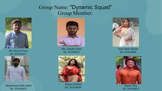 Group Name: "Dynamic Squad"
Group Member:
Md. Riazul Islam
ID: 201030015
Md. Zahidul Islam
ID: 201030032
Israt Jahan Mysha
ID: 201030009
Saurav Roy
ID: 201030012
Munya Dilshad
ID: 201030049
Muhammad Akib Jabed
ID: 201030035
 