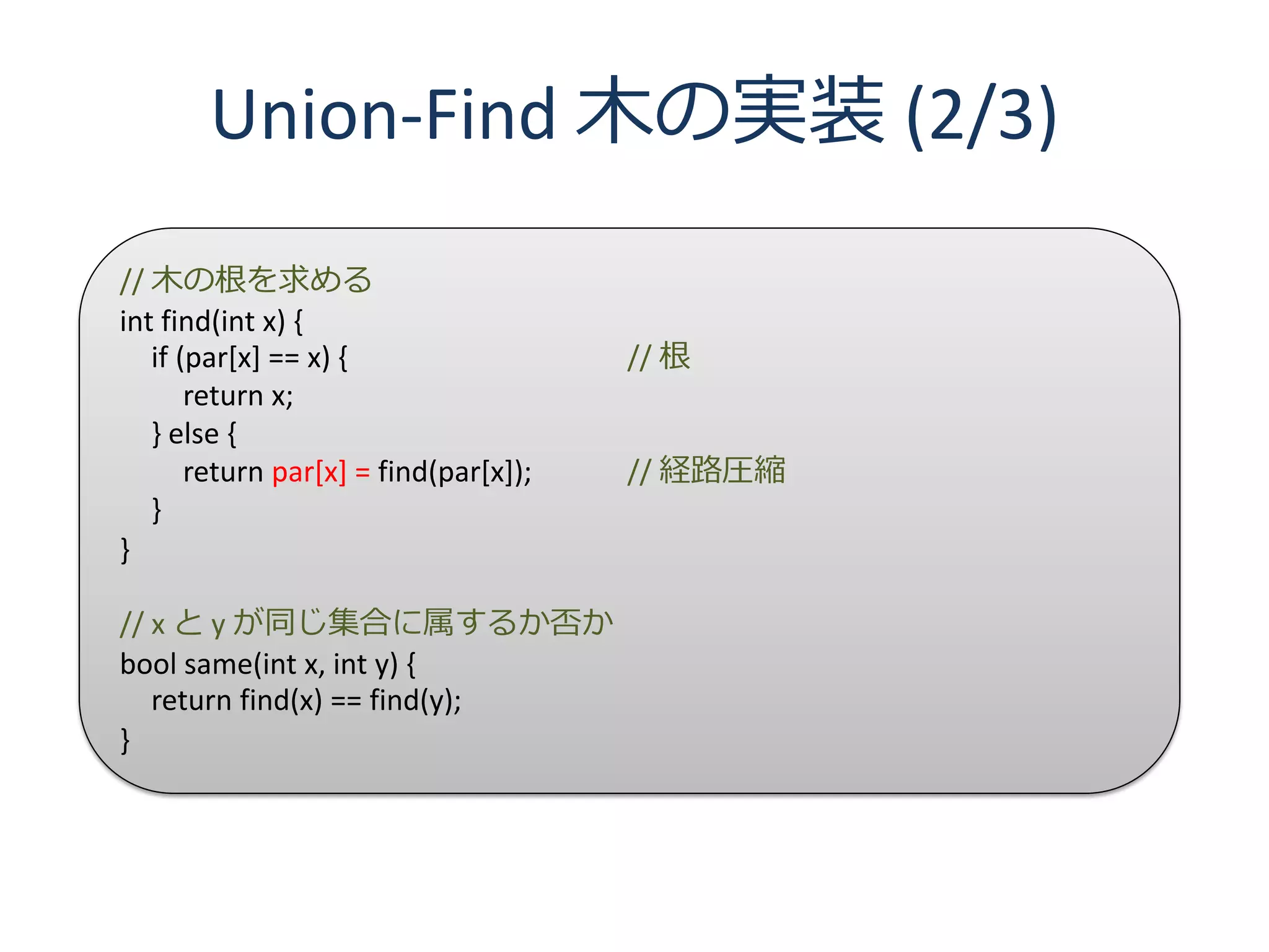 Union-Find 木の実装 (2/3)
// 木の根を求める
int find(int x) {
   if (par[x] == x) {                  // 根
       return x;
   } else {
       return par[x] = find(par[x]);   // 経路圧縮
   }
}

// x と y が同じ集合に属するか否か
bool same(int x, int y) {
   return find(x) == find(y);
}
 