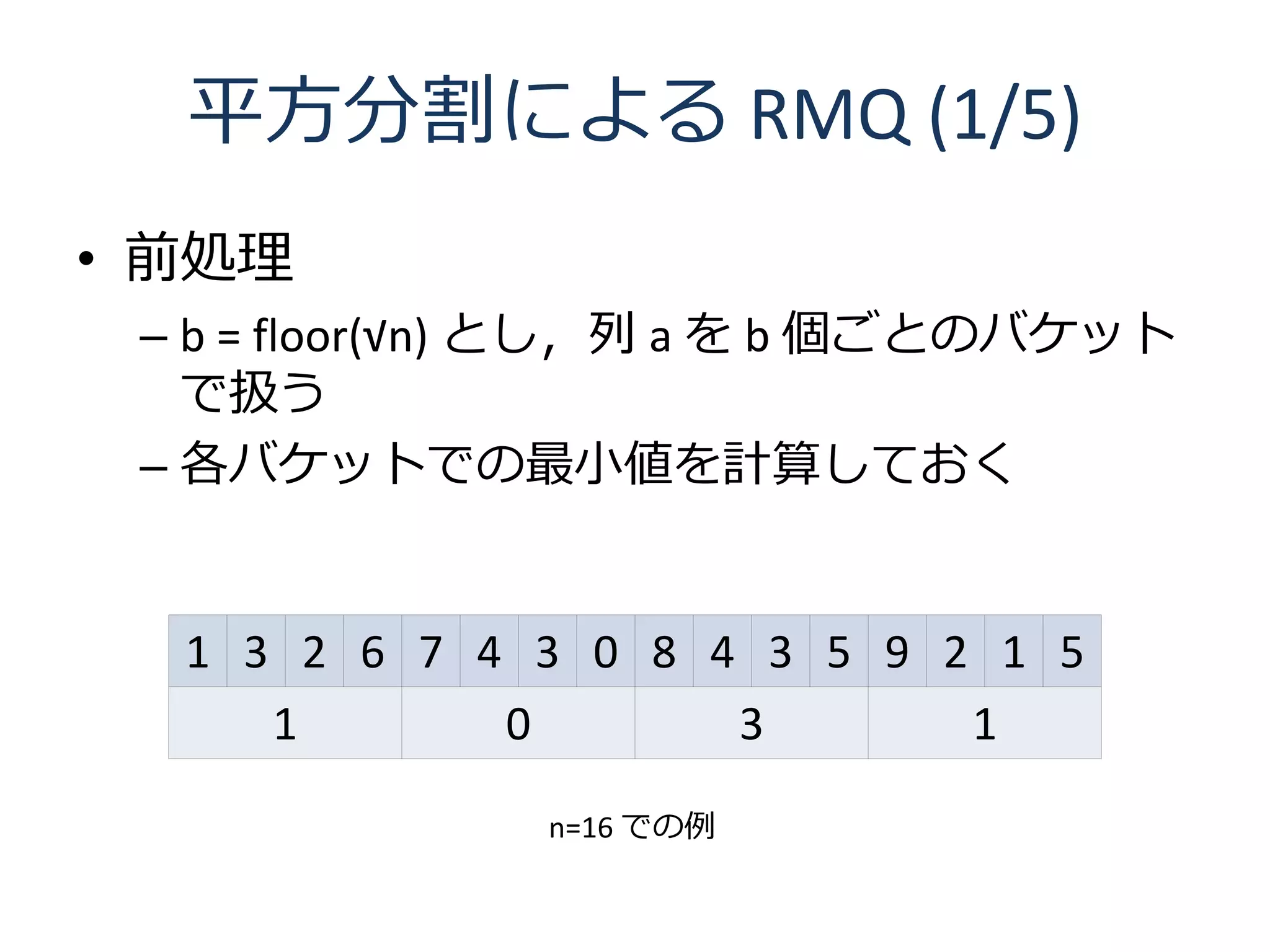 平方分割による RMQ (1/5)
• 前処理
 – b = floor(√n) とし，列 a を b 個ごとのバケット
   で扱う
 – 各バケットでの最小値を計算しておく


  1 3 2 6 7 4 3 0 8 4 3 5 9 2 1 5
     1       0       3       1
              n=16 での例
 
