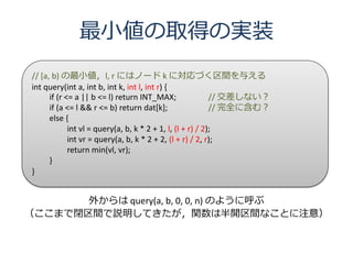 СȡäΌgװ
// [a, b) Сl, r ˤϥΩ` k ˌŤg뤨
int query(int a, int b, int k, int l, int r) {
      if (r <= a || b <= l) return INT_MAX;                 // ʤ
      if (a <= l && r <= b) return dat[k];                  // ȫ˺ࣿ
      else {
             int vl = query(a, b, k * 2 + 1, l, (l + r) / 2);
             int vr = query(a, b, k * 2 + 2, (l + r) / 2, r);
             return min(vl, vr);
      }
}


       ⤫ query(a, b, 0, 0, n) Τ褦˺
ޤ]ghƤvϰ_gʤȤע⣩
 