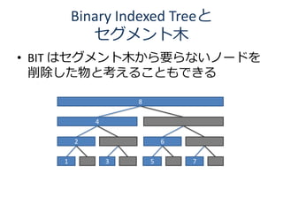 Binary Indexed Treeと
           セグメント木
• BIT はセグメント木から要らないノードを
  削除した物と考えることもできる

                    8

            4

  ...