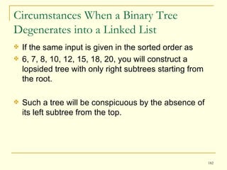 Circumstances When a Binary Tree Degenerates into a Linked List  If the same input is given in the sorted order as 6, 7, 8, 10, 12, 15, 18, 20, you will construct a lopsided tree with only right subtrees starting from the root.  Such a tree will be conspicuous by the absence of its left subtree from the top.  