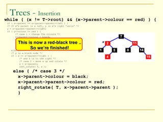 Trees -  Insertion while ( (x != T->root) && (x->parent->colour == red) ) { if ( x->parent == x->parent->parent->left ) { /* If x's parent is a left, y is x's right 'uncle' */ y = x->parent->parent->right; if ( y->colour == red ) { /* case 1 - change the colours */ x->parent->colour = black; y->colour = black; x->parent->parent->colour = red; /* Move x up the tree */ x = x->parent->parent; else { /* y is a black node */ if ( x == x->parent->right ) { /* and x is to the right */  /* case 2 - move x up and rotate */ x = x->parent; left_rotate( T, x ); else { /* case 3 */ x->parent->colour = black; x->parent->parent->colour = red; right_rotate( T, x->parent->parent ); } This is now a red-black tree .. So we’re finished! 