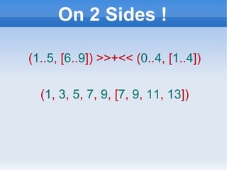 On 2 Sides ! ( 1 .. 5 , [ 6 .. 9 ]) >>+<<   ( 0 .. 4 , [ 1 .. 4 ]) ( 1 ,  3 ,  5 ,  7 ,  9 , [ 7 ,  9 ,  11 ,  13 ]) 