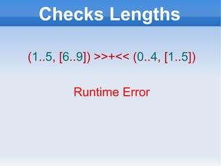 Checks Lengths ( 1 .. 5 , [ 6 .. 9 ]) >>+<<   ( 0 .. 4 , [ 1 .. 5 ]) Runtime Error 