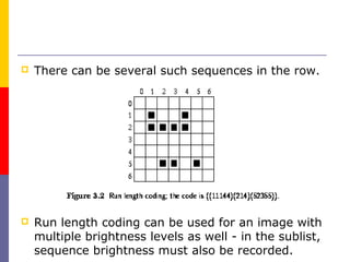    There can be several such sequences in the row.




   Run length coding can be used for an image with
    multiple brightness levels as well - in the sublist,
    sequence brightness must also be recorded.
 