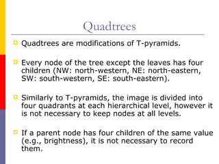 Quadtrees
   Quadtrees are modifications of T-pyramids.

   Every node of the tree except the leaves has four
    children (NW: north-western, NE: north-eastern,
    SW: south-western, SE: south-eastern).

   Similarly to T-pyramids, the image is divided into
    four quadrants at each hierarchical level, however it
    is not necessary to keep nodes at all levels.

   If a parent node has four children of the same value
    (e.g., brightness), it is not necessary to record
    them.
 