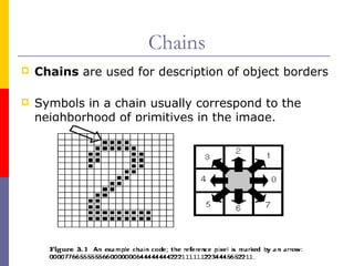 Chains
   Chains are used for description of object borders

   Symbols in a chain usually correspond to the
    neighborhood of primitives in the image.
 